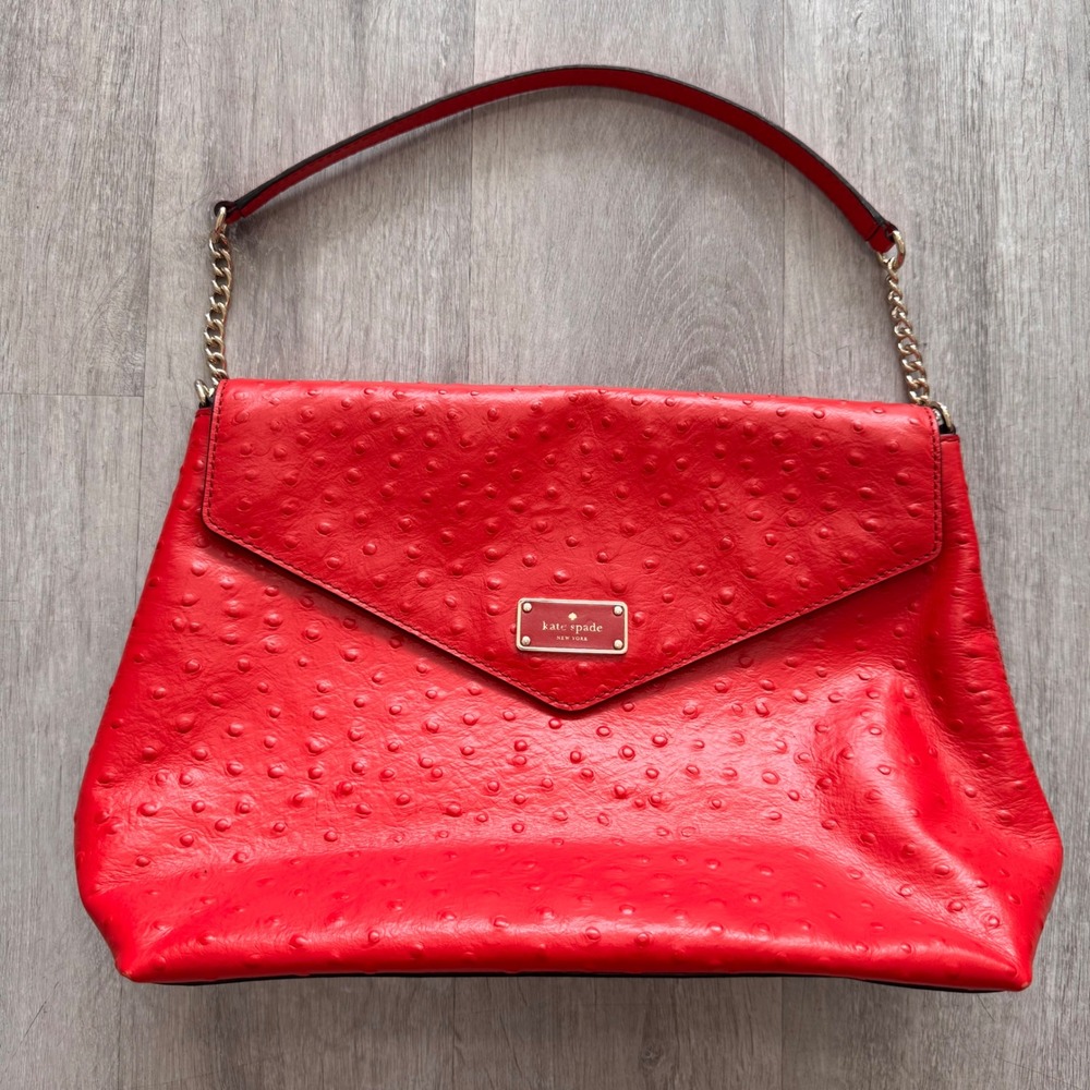Kate Spade Red Ostrich Embossed Leather Shoulder Bag Envelope Flap Gold Hardware